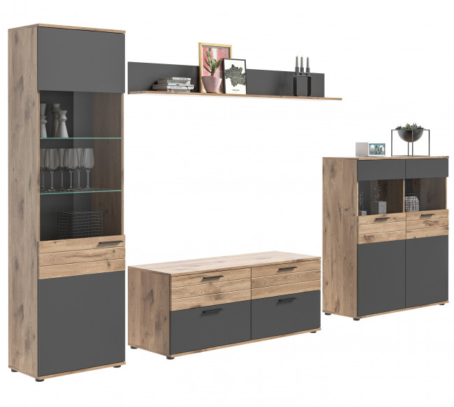 Wohnwand Basalt Grau Eiche