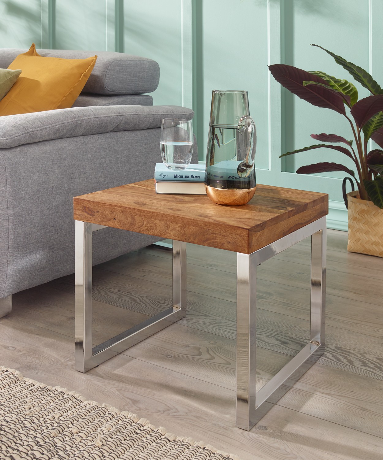 Beistelltisch Massiv-Holz Sheesham Wohnzimmer-Tisch Metallgestell Couchtisch Landhaus-Stil ...