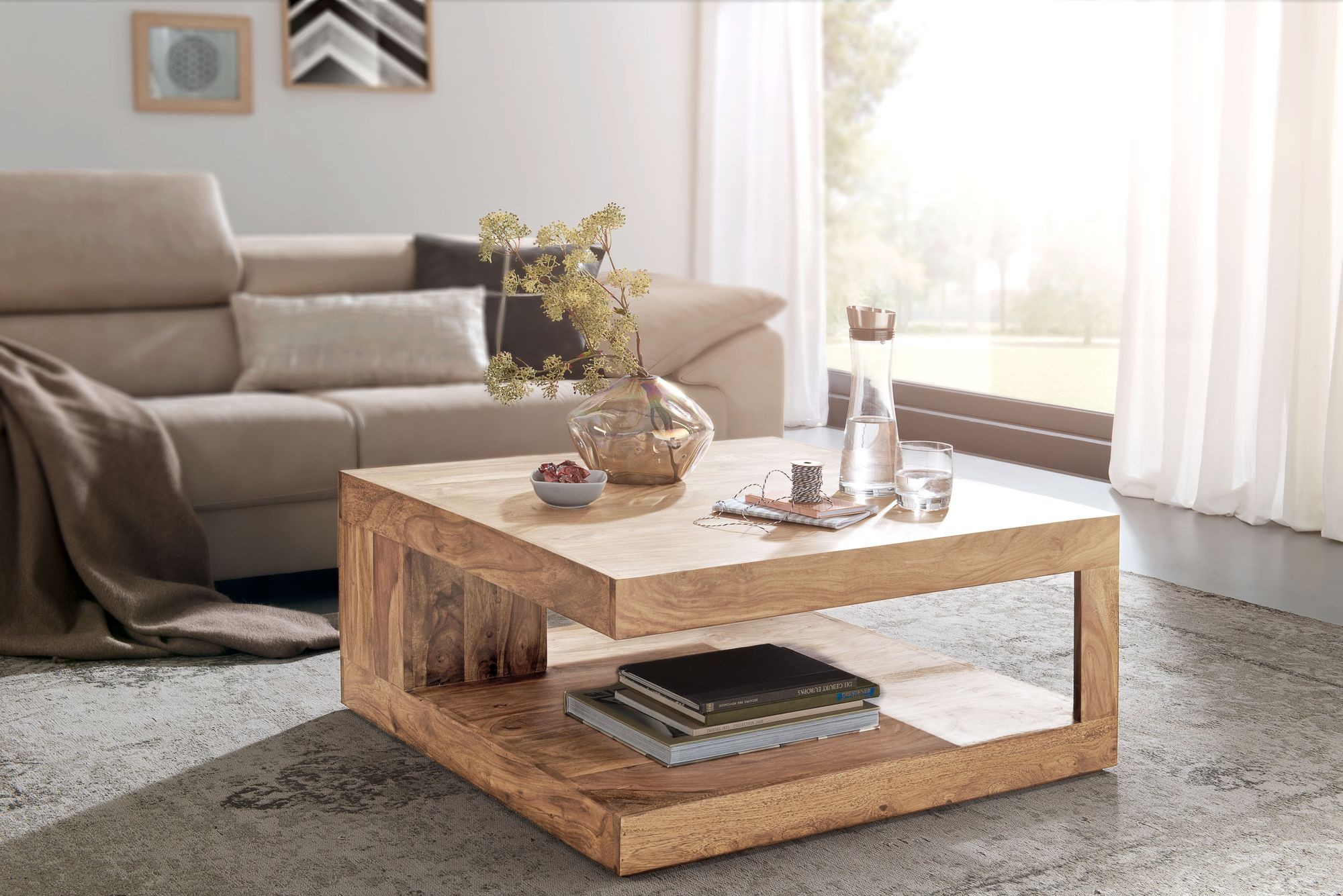 Couchtisch Massiv-Holz Akazie 90 cm breit Design Wohnzimmer-Tisch