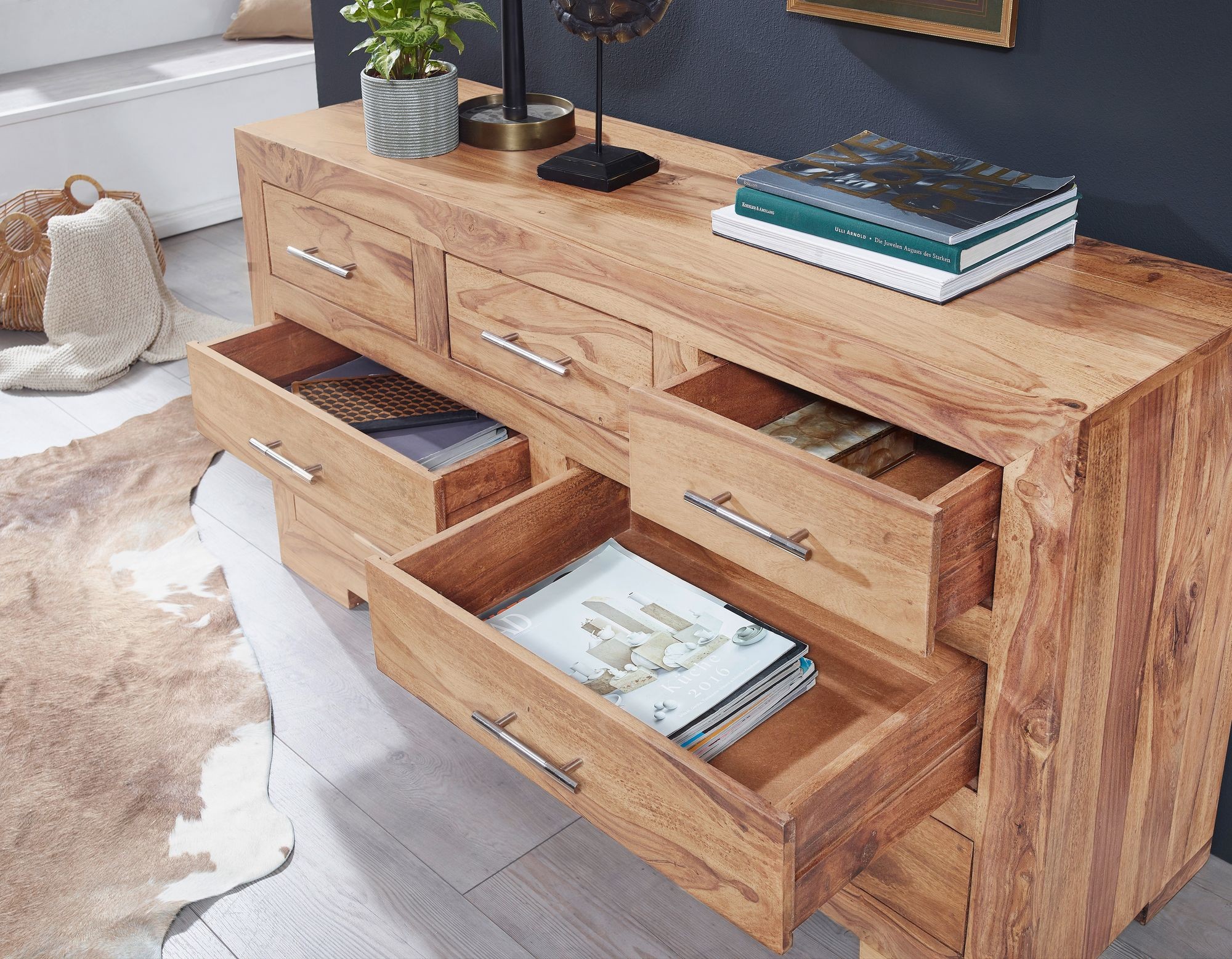 Sideboard Massivholz Akazie mit 7 Schubladen Kommode 140 x ...